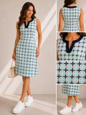 Talbots Womens Size 2 Linen Cotton Shift Dress Blue White Geometric Sleeveless
